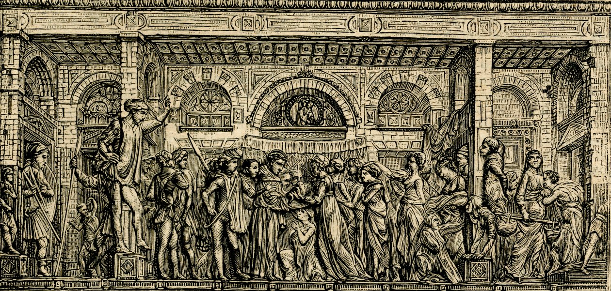 Milagro del recién nacido que habla, altar de San Antonio, relieve en bronce de Donatello, basílica de San Antonio de Padua, Padua, Véneto, Italia, xilografía de Le cento citta d