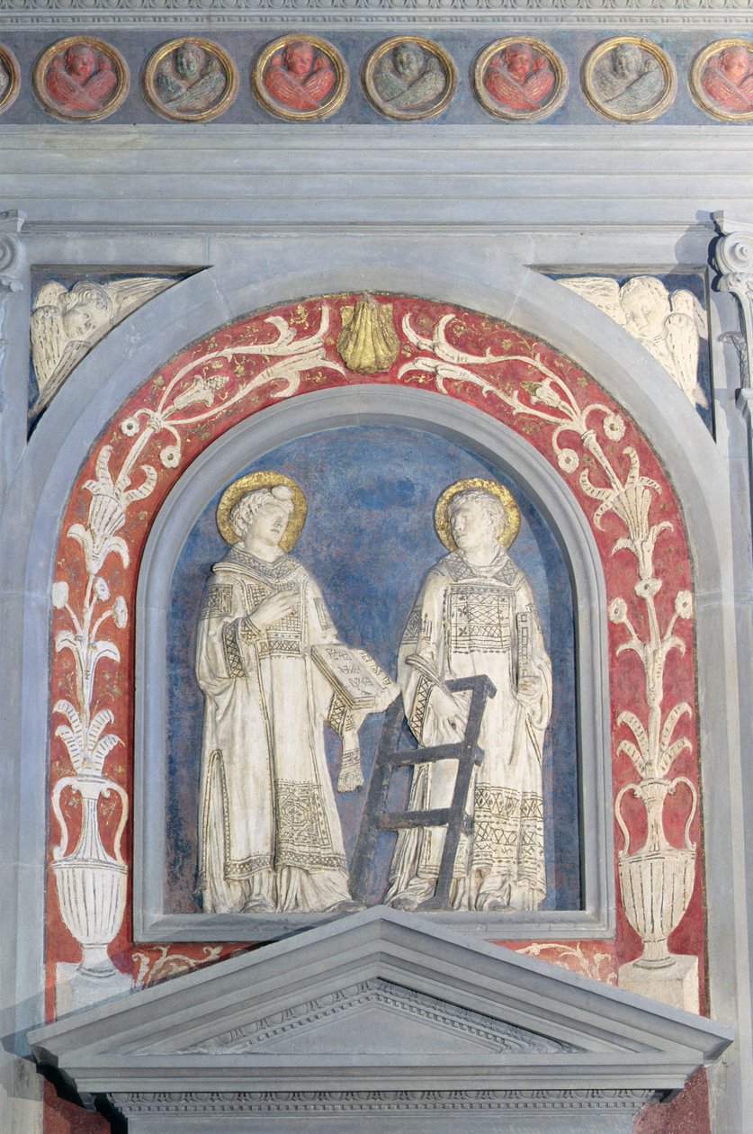 San Lorenzo y San Esteban, escultura en bajo relieve sobre la puerta norte, c.1440 (terracota) de Donatello