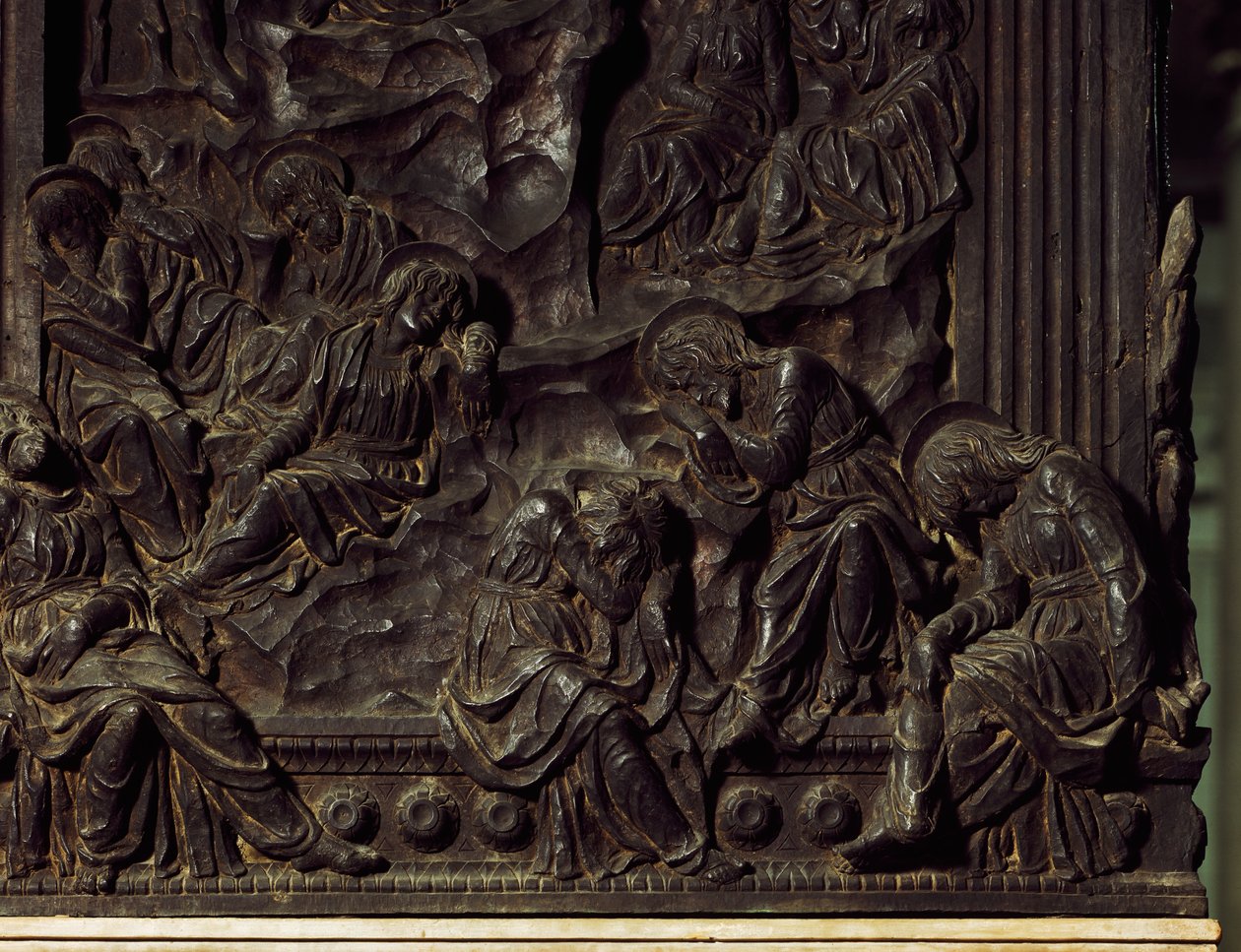Adoración en el jardín, detalle del púlpito izquierdo, por Donatello, Basílica de San Lorenzo, Florencia, Italia de Donatello