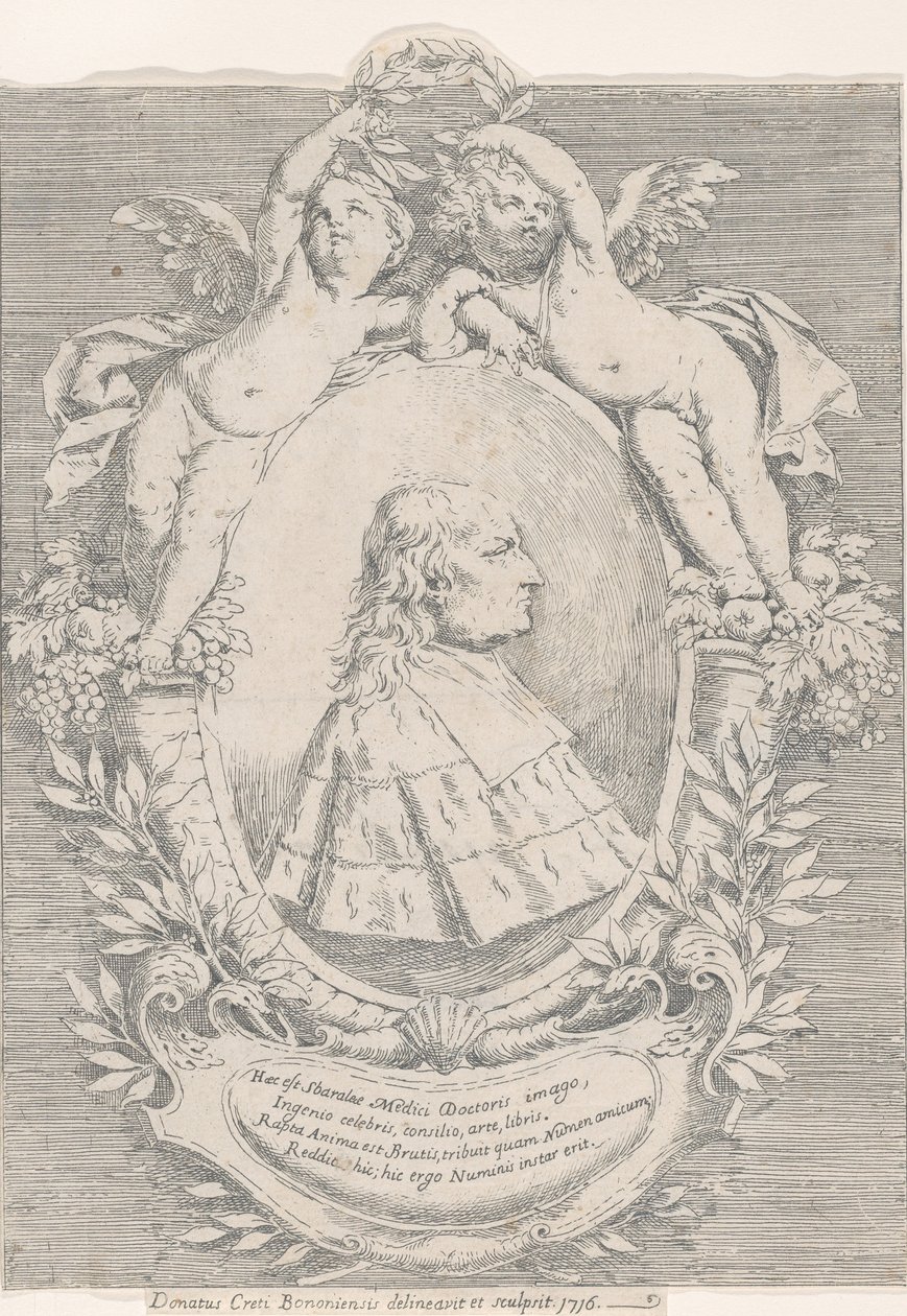 Retrato de Giovanni Girolamo Sbaraglia, dentro de un óvalo flanqueado por dos putti en cornucopia..., 1716 de Donato Creti