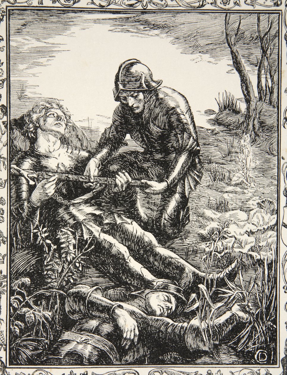 Arturo entrega Excalibur a Sir Bedevere, ilustración de 