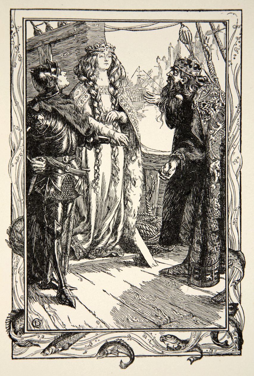 El rey Anguish entrega a Isolt a Sir Tristram, ilustración de 