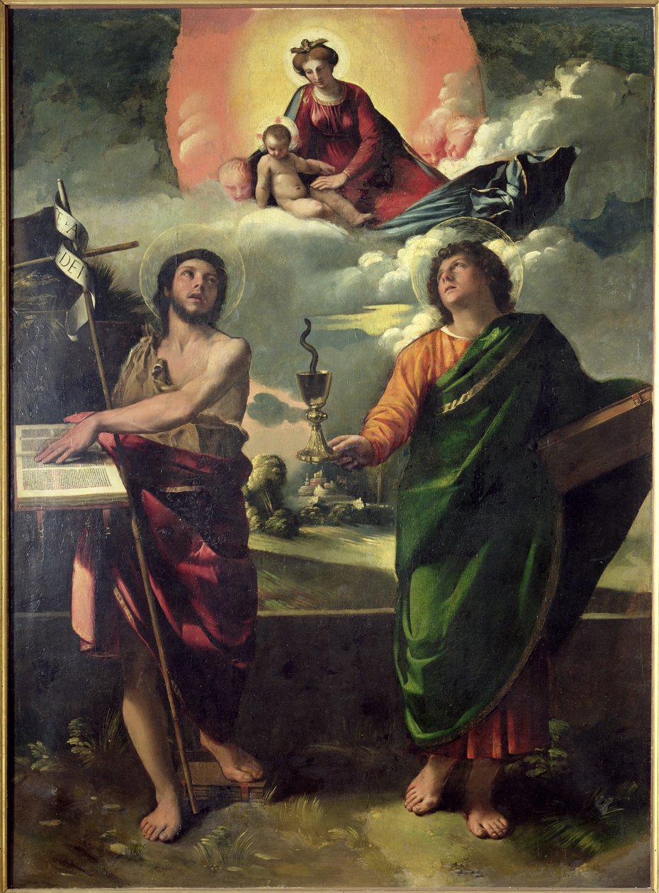 La aparición de la Virgen a los santos Juan Bautista y Juan Evangelista, 1520-30 de Dosso Dossi
