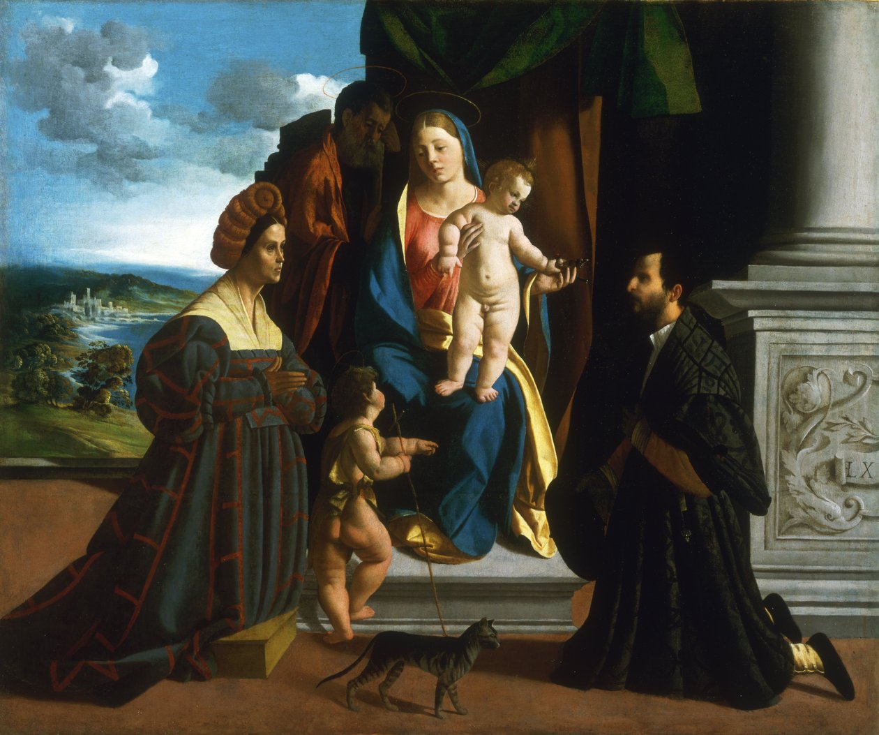 La Sagrada Familia, con el joven San Juan Bautista, un gato y dos donantes de Dosso Dossi