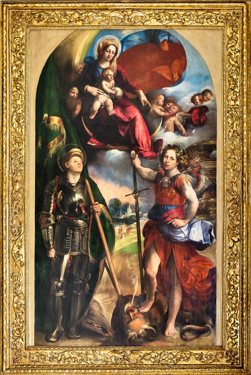 Virgen con el Niño Jesús y San Jorge y San Miguel Arcángel, c.1518 (óleo sobre tabla) de Dosso Dossi