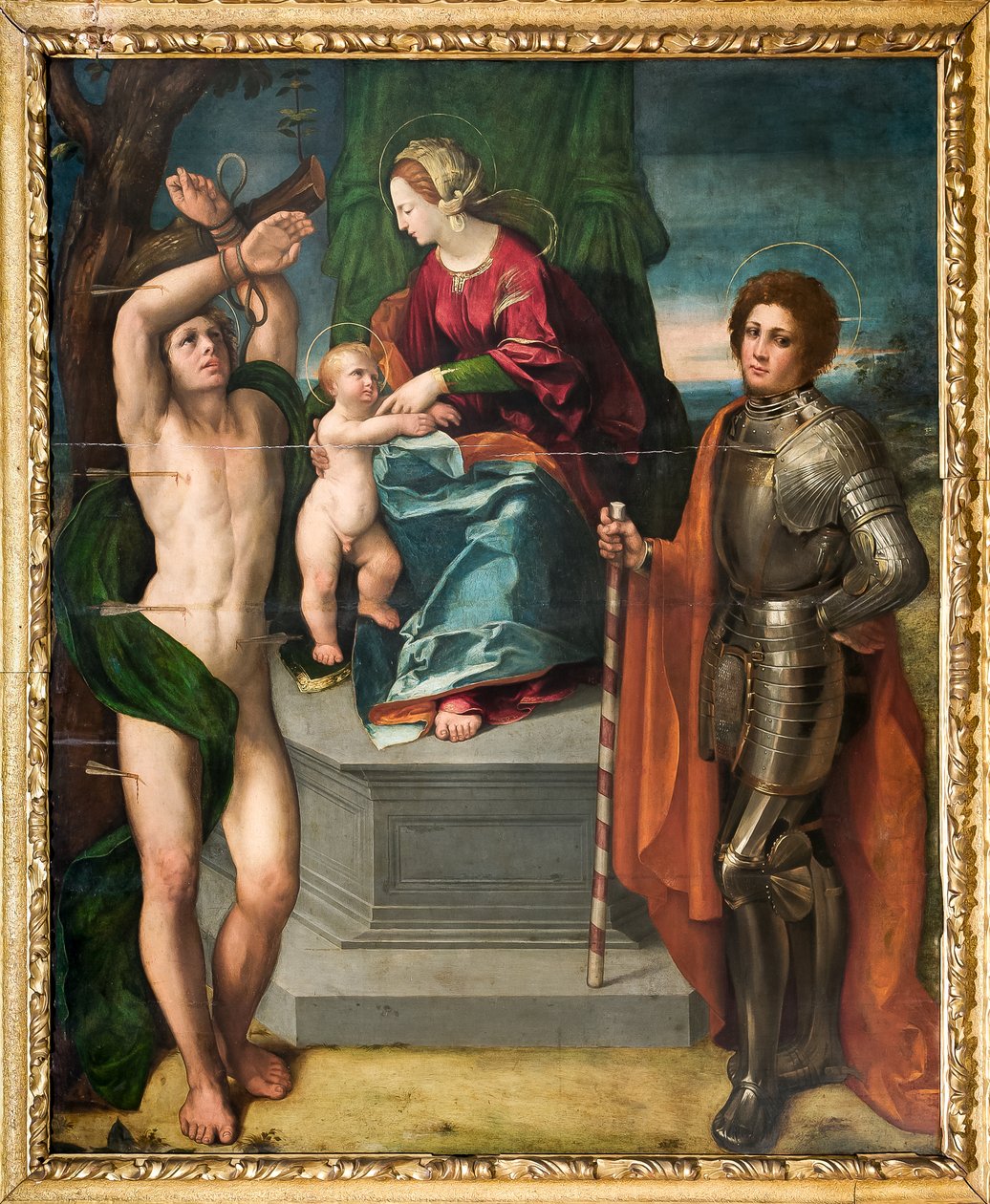 Virgen con el Niño Jesús y San Sebastián y San Jorge, detalle de Dosso Dossi