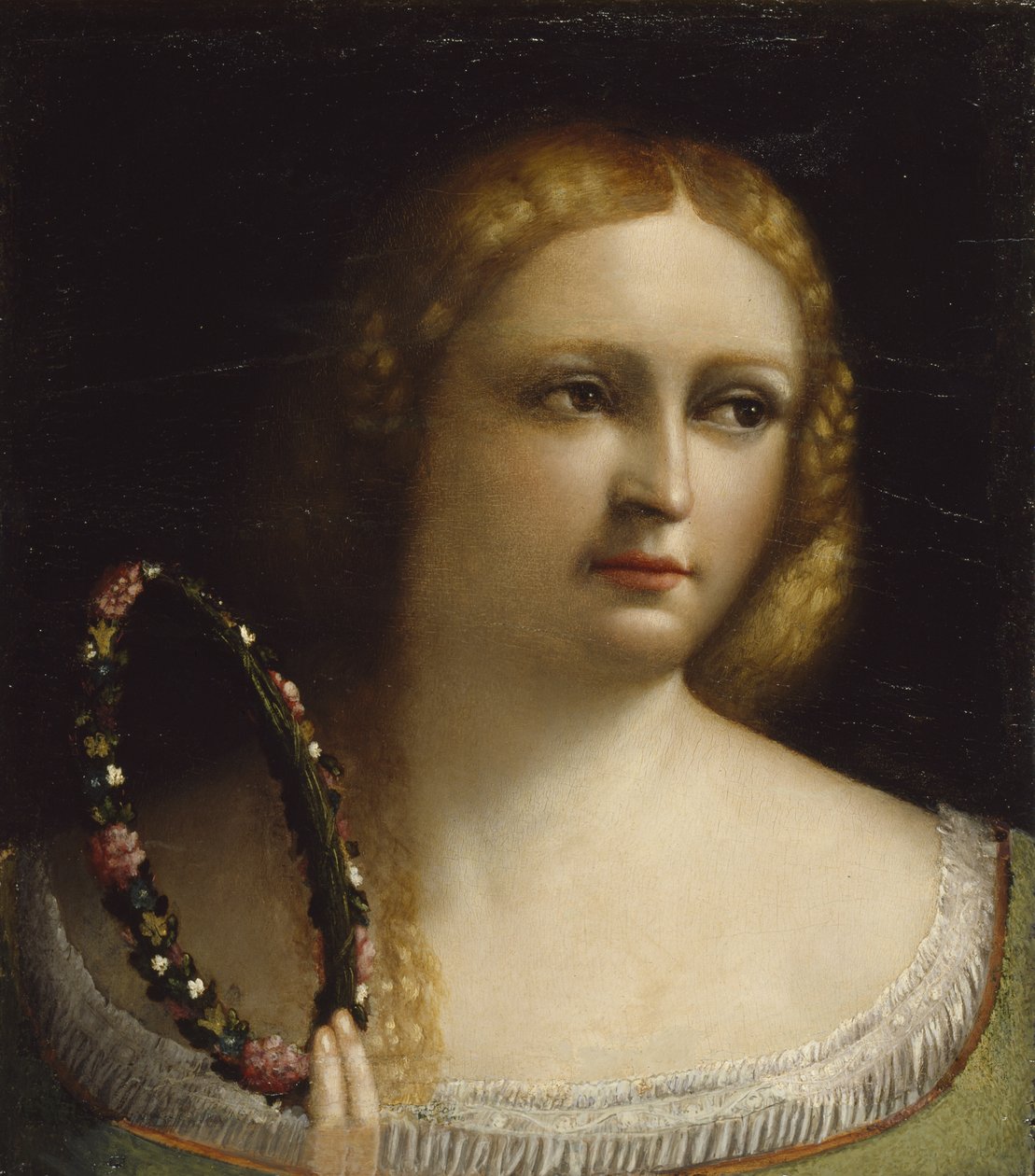 Mujer con una corona de flores de Dosso Dossi