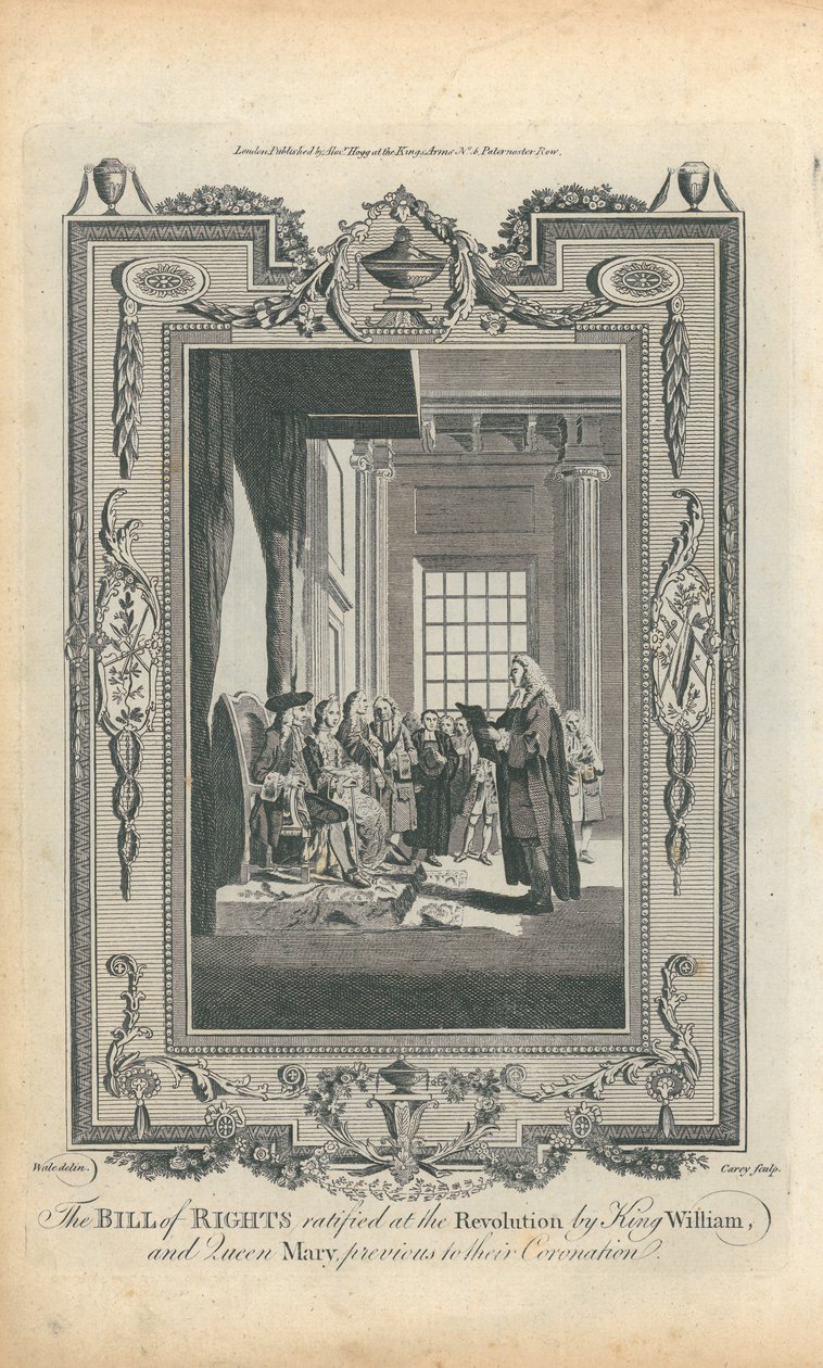 La Carta de Derechos ratificada en la Revolución por el Rey Guillermo y la Reina María, antes de su coronación de Samuel Wale