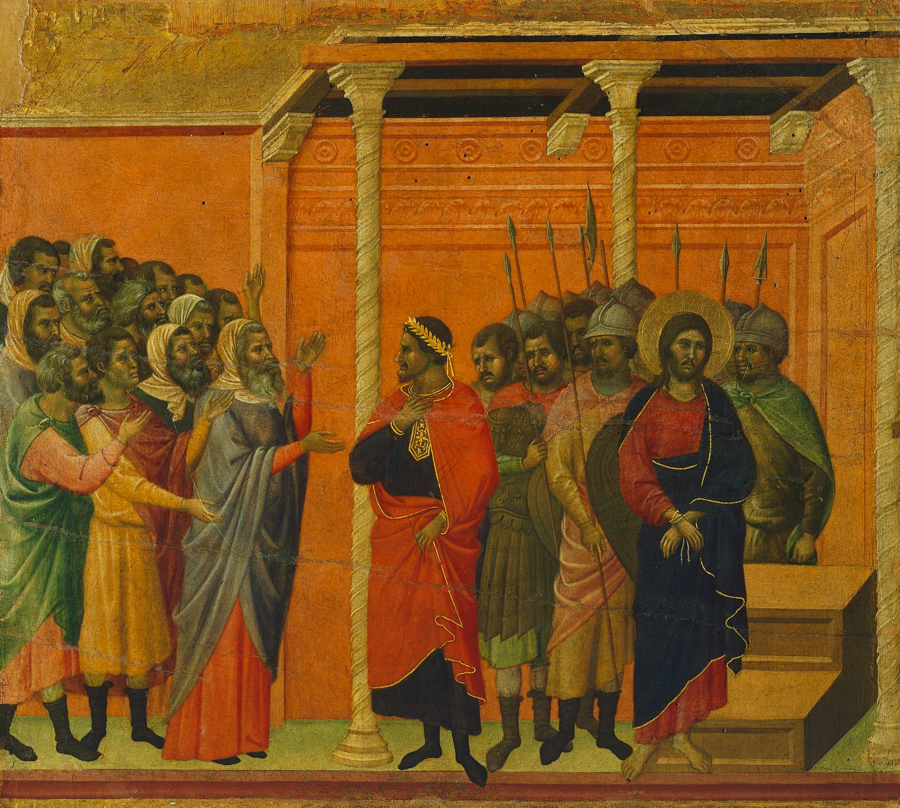 Retablo: Cristo acusado por los fariseos (detalle de una baldosa de las Historias de la Pasión y Resurrección de Cristo, superficie inversa de la Maestà en la Catedral de Siena) de Duccio di Buoninsegna