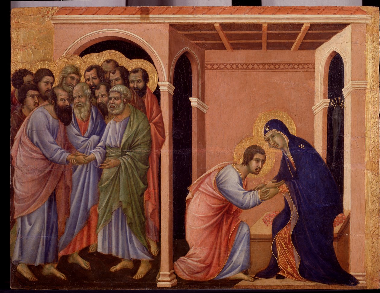 María se despide de Juan, en el exterior, los apóstoles Pedro y Pablo se dan la mano. (detalle) de Duccio di Buoninsegna