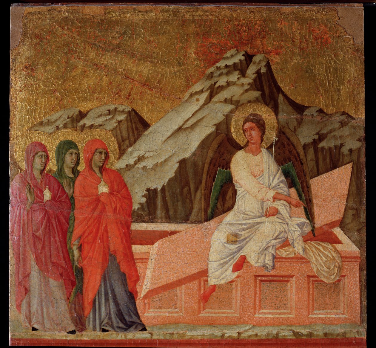 Pasión: las Marías en el sepulcro. Retablo de la Maestà de Duccio di Buoninsegna