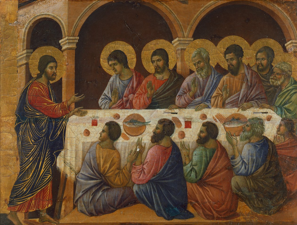 La Última Cena, (detalle) de azulejo de Episodios de la Pasión y Resurrección de Cristo, superficie inversa de la Maestà del Altar de Duccio en la Catedral de Siena de Duccio di Buoninsegna