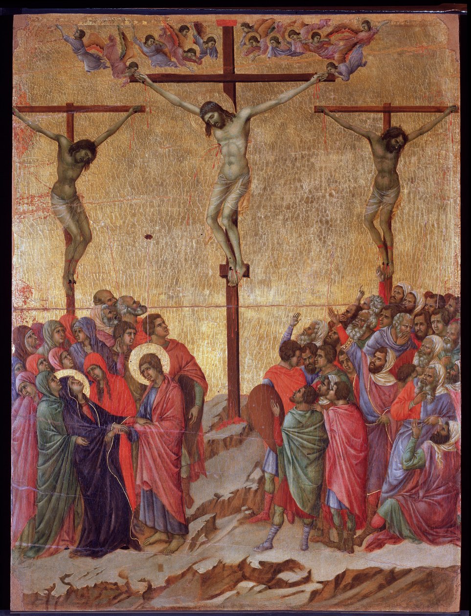La crucifixión. A los lados, el buen ladrón (Dimas) y el ladrón impenitente (Gestas). Retablo de la Maestà de Duccio di Buoninsegna