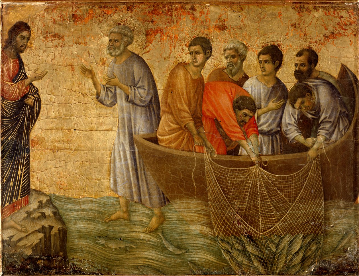 El segundo pecado milagroso: la aparición de Cristo a los apóstoles en el lago Tiberíades de Duccio di Buoninsegna