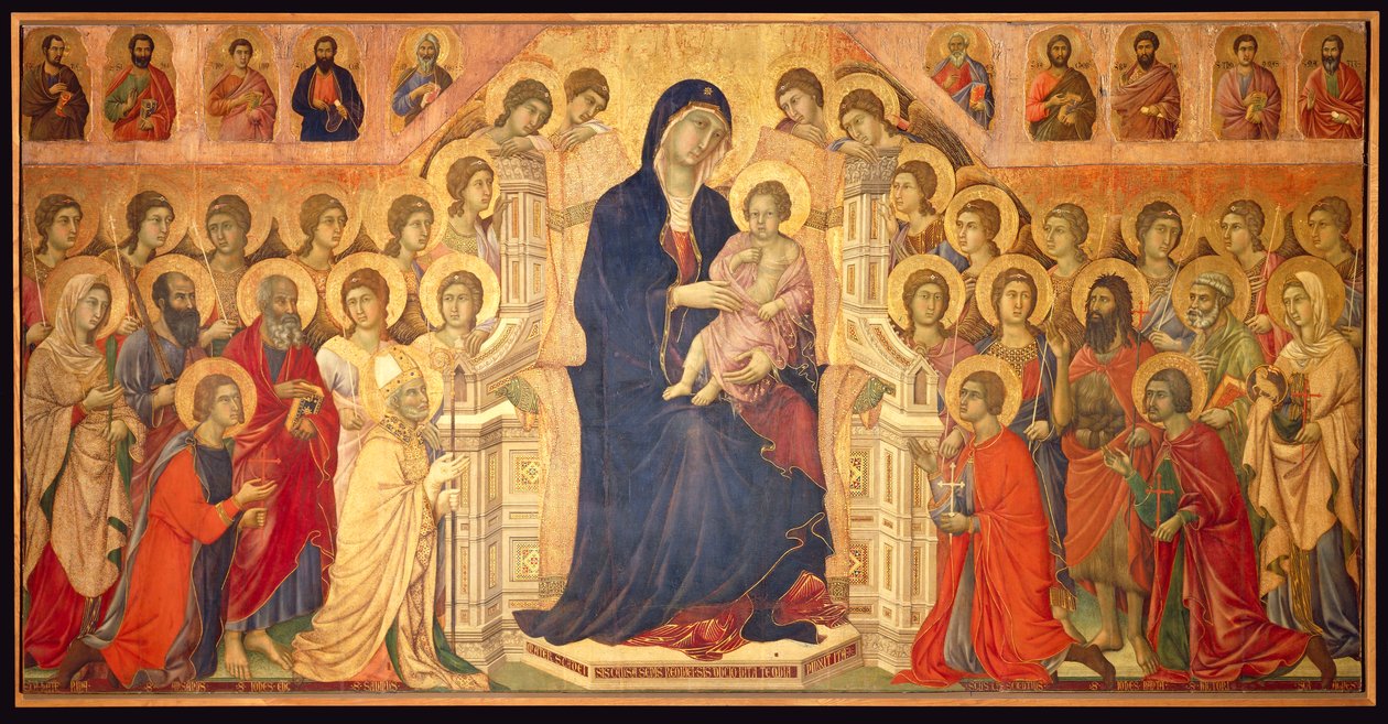 Virgen entronizada con el Niño, rodeada de Ángeles y Santos, panel central de la Maestà de Duccio di Buoninsegna