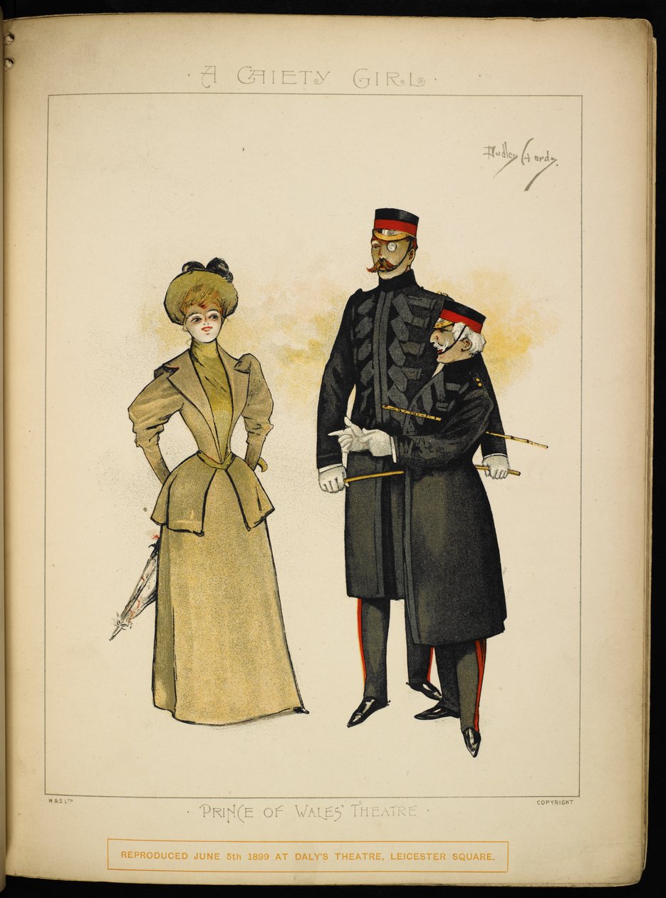Una de las chicas Gaiety y dos oficiales de Life Guards. de Dudley Hardy