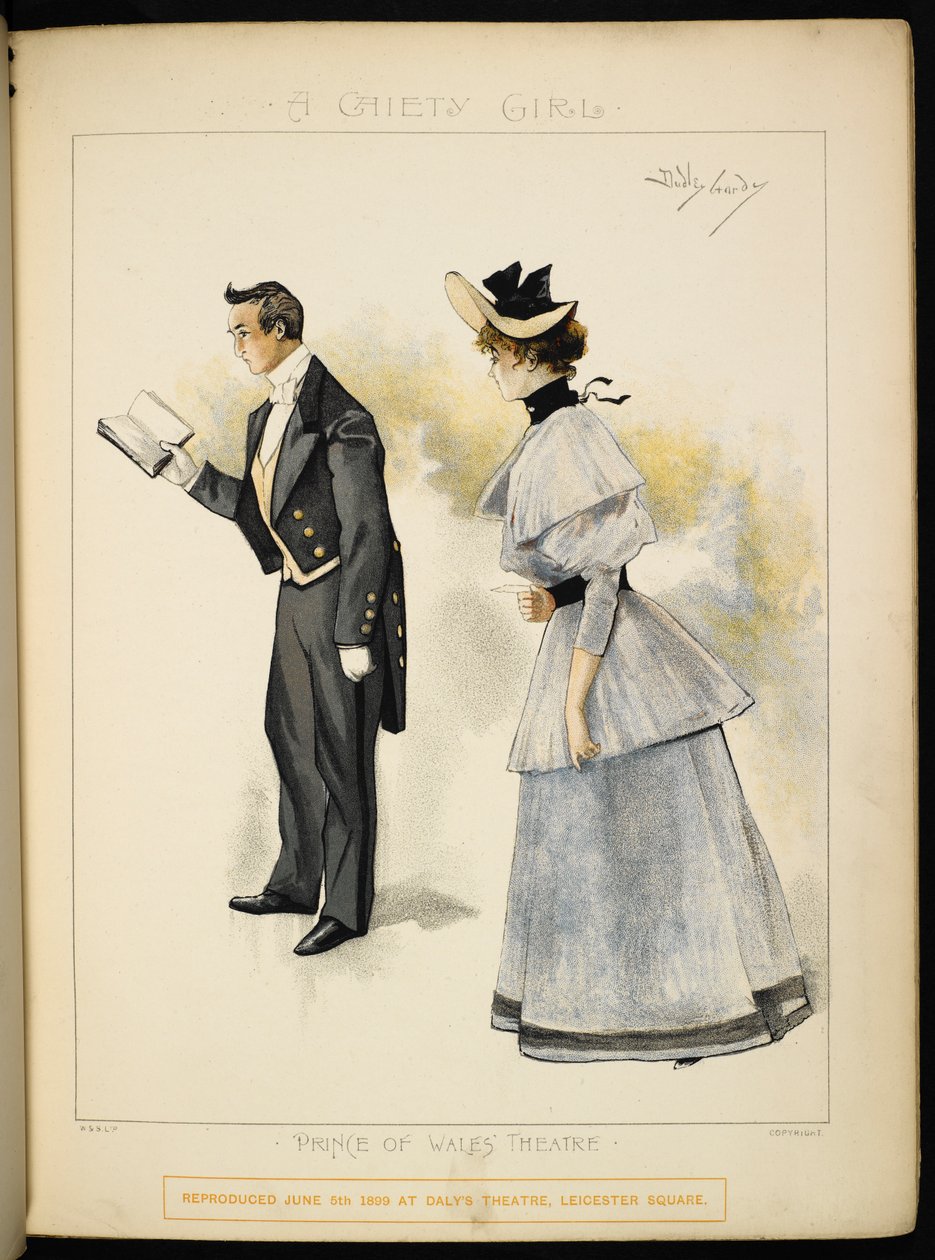 dos personajes Un hombre leyendo un libro y una dama. de Dudley Hardy