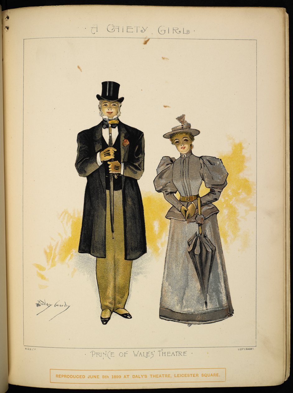 Dos de los personajes. Un caballero y una dama, posiblemente Lady Grey. de Dudley Hardy
