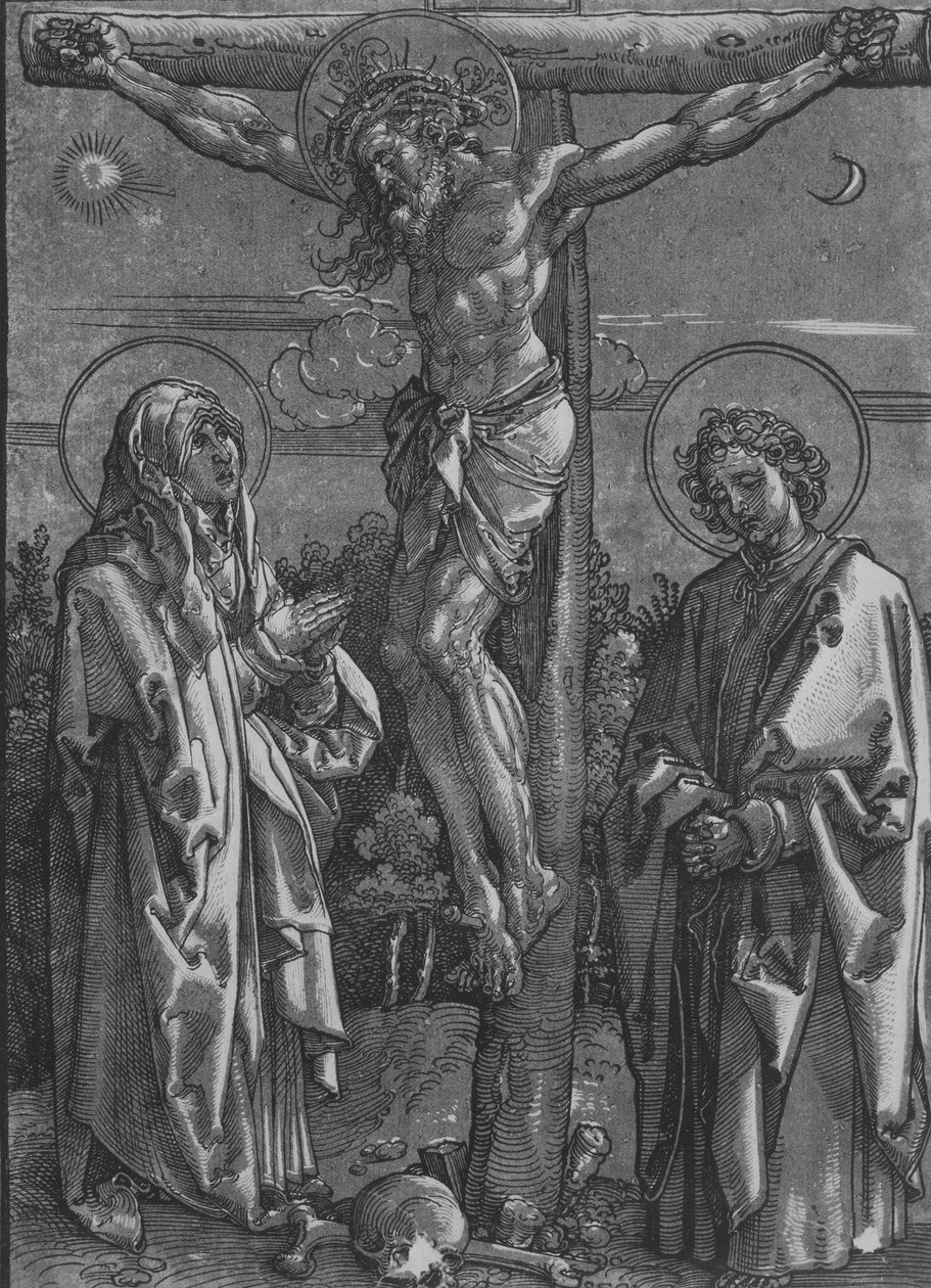 Cristo en la Cruz con la Virgen y San Juan, 1500-1550 de Dürer School.