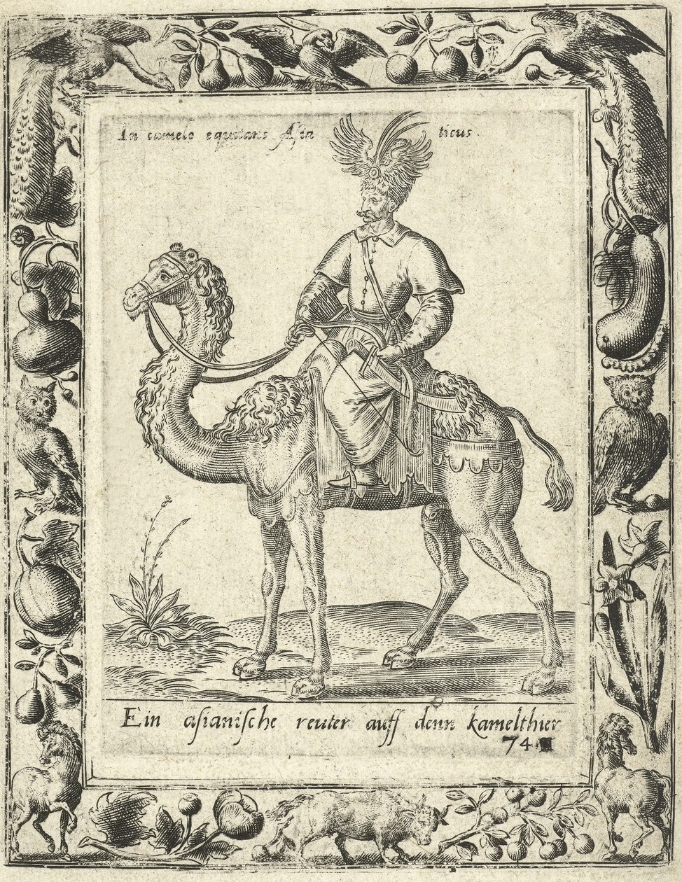 Cazador árabe montando un camello, pub. 1577 de Dutch School