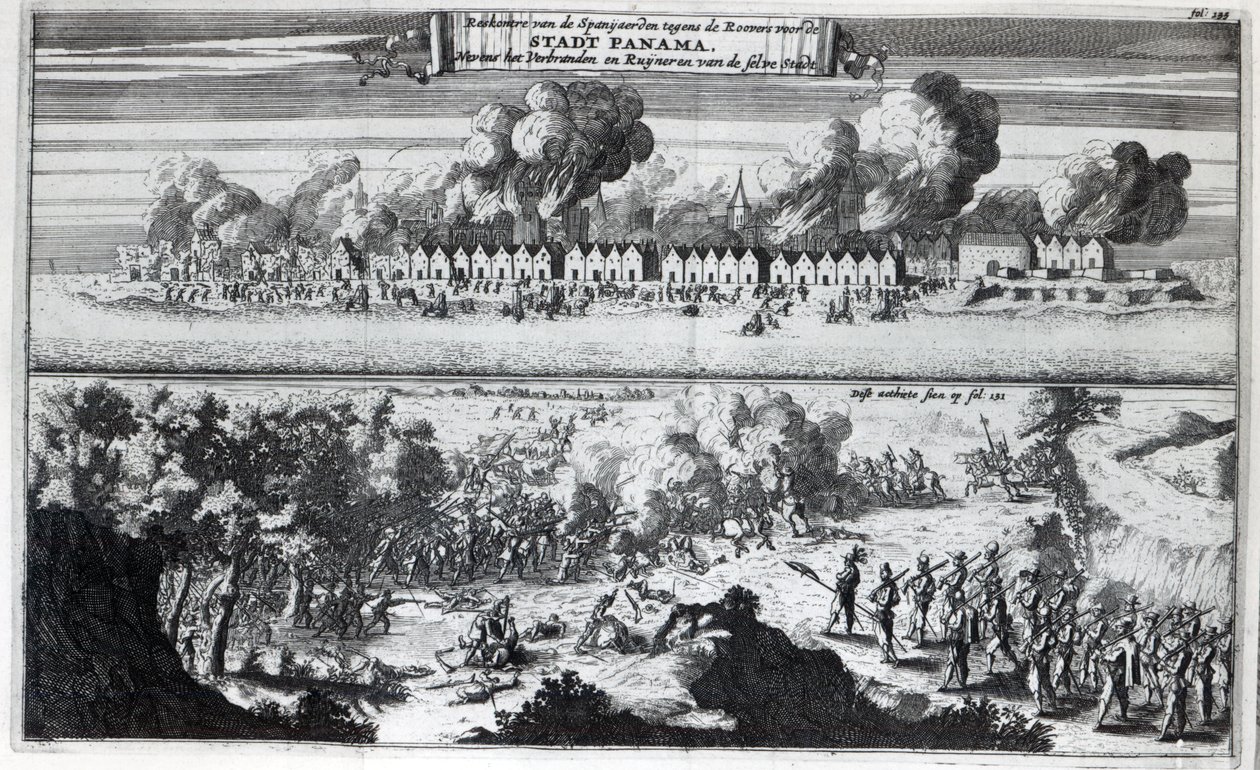 Batalla entre los bucaneros y los españoles durante el ataque a Panamá en 1671 de Dutch School