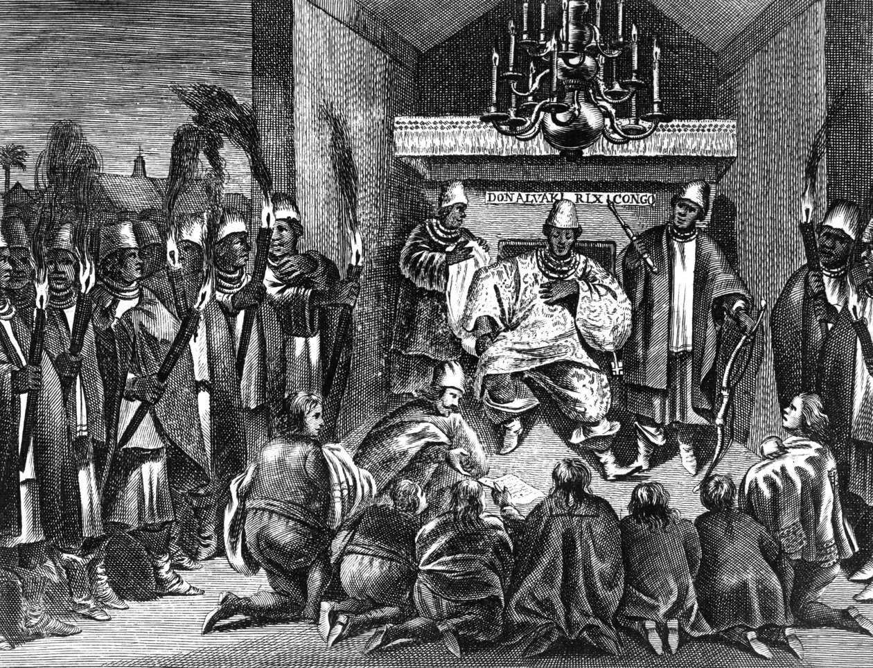 El rey Álvaro I del Congo recibiendo a los embajadores holandeses, una ilustración de la 
