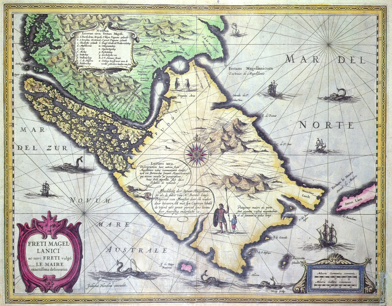 Mapa del Estrecho de Magallanes, Patagonia (grabado en color) de Dutch School