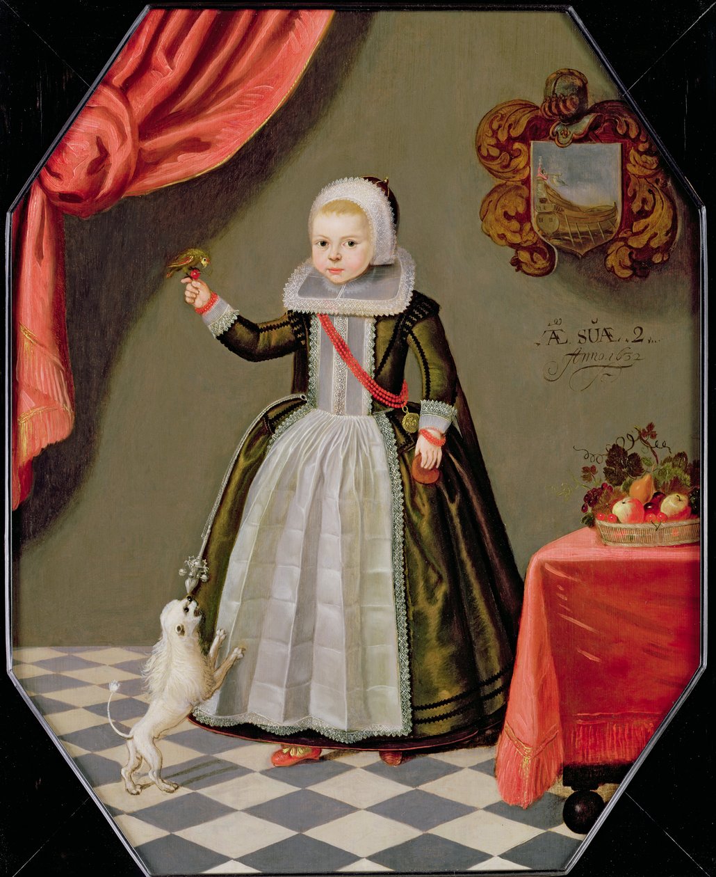 Retrato de una niña con un pájaro en su dedo y un perro a sus pies, 1632 de Dutch School