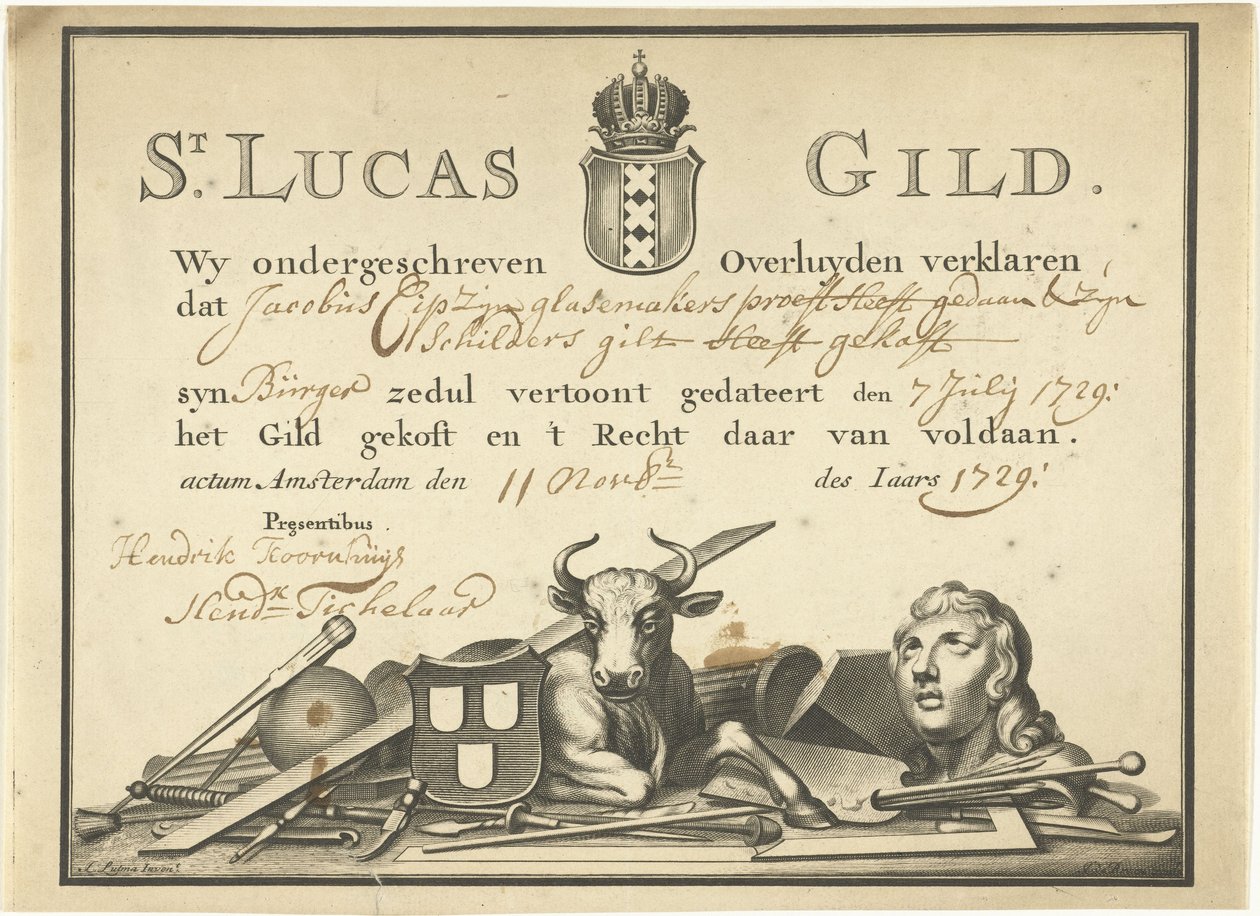 Recibo del Gremio de San Lucas en Ámsterdam al vidriero James Cip, 1729 de Dutch School