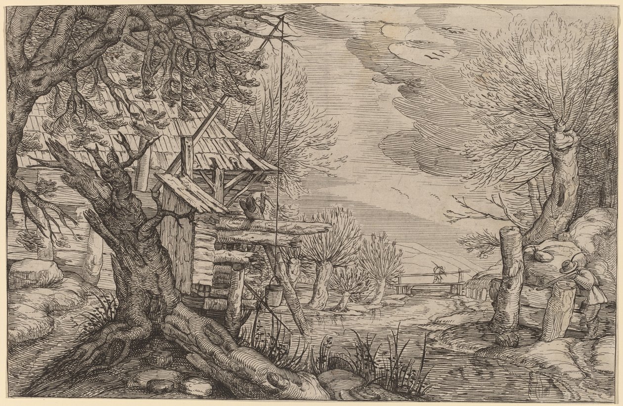 Paisaje con casa de troncos cerca de un río de Dutch 17th Century, formerly Jacques de Gheyn II