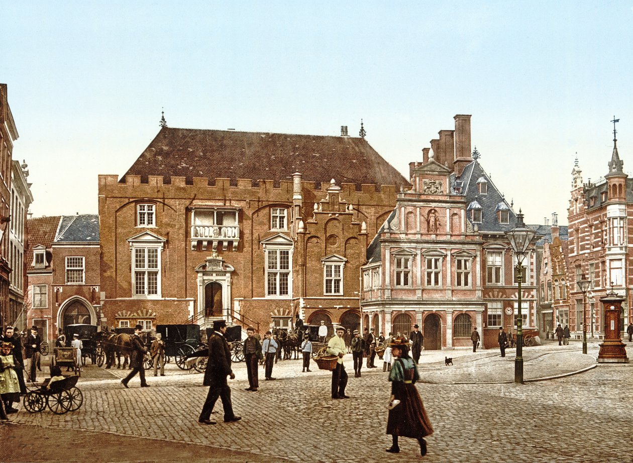 Ayuntamiento en la Grote Markt, Haarlem, Holanda, pub.c. 1900 de Dutch Photographer