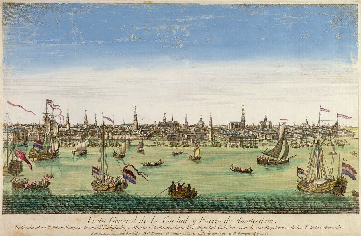 Vista General del Puerto y la Ciudad de Ámsterdam, grabado por D.G. Hucquier, siglo XVI de Dutch School