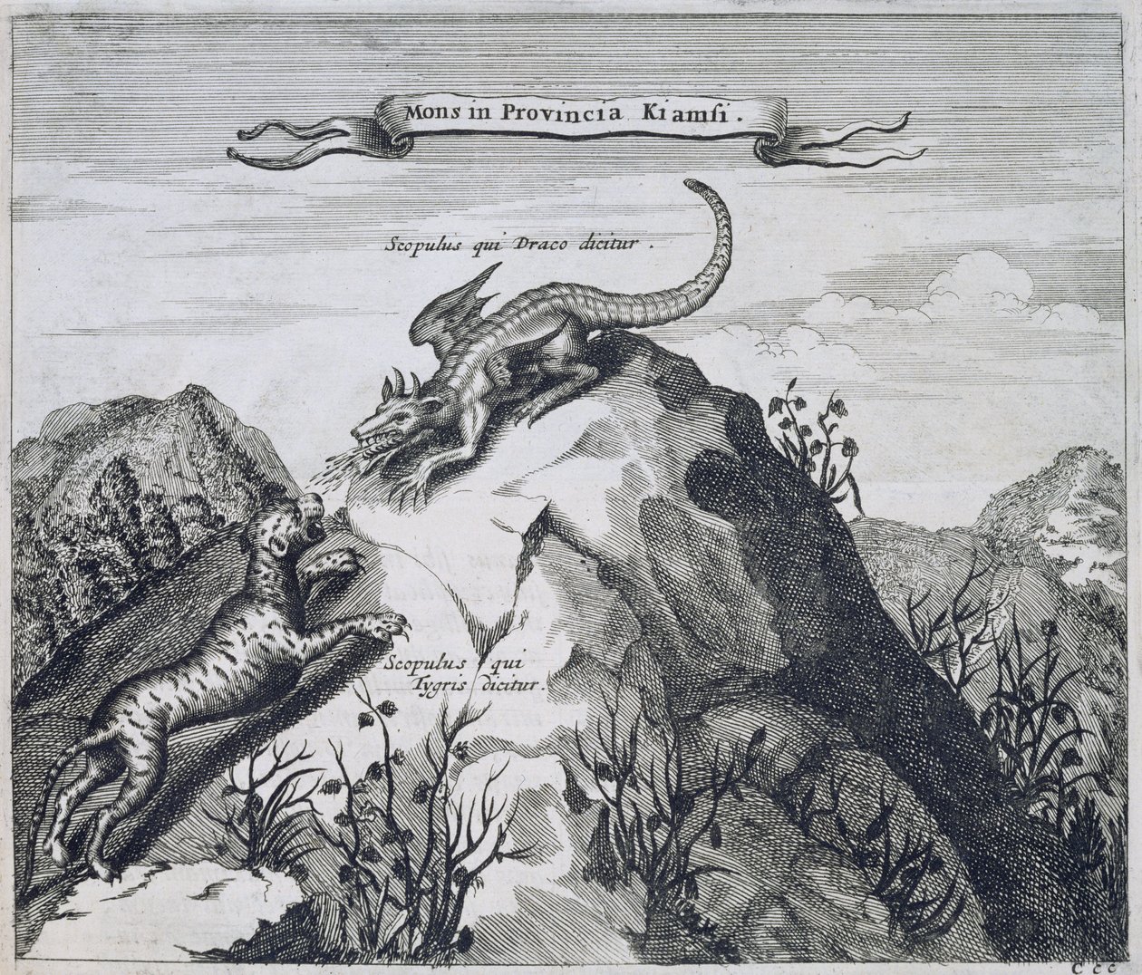 Una Montaña en la Provincia de Jiangxi con Peñascos Conocidos como el Dragón y el Tigre, de China Ilustrada por Athanasius Kircher de Dutch School