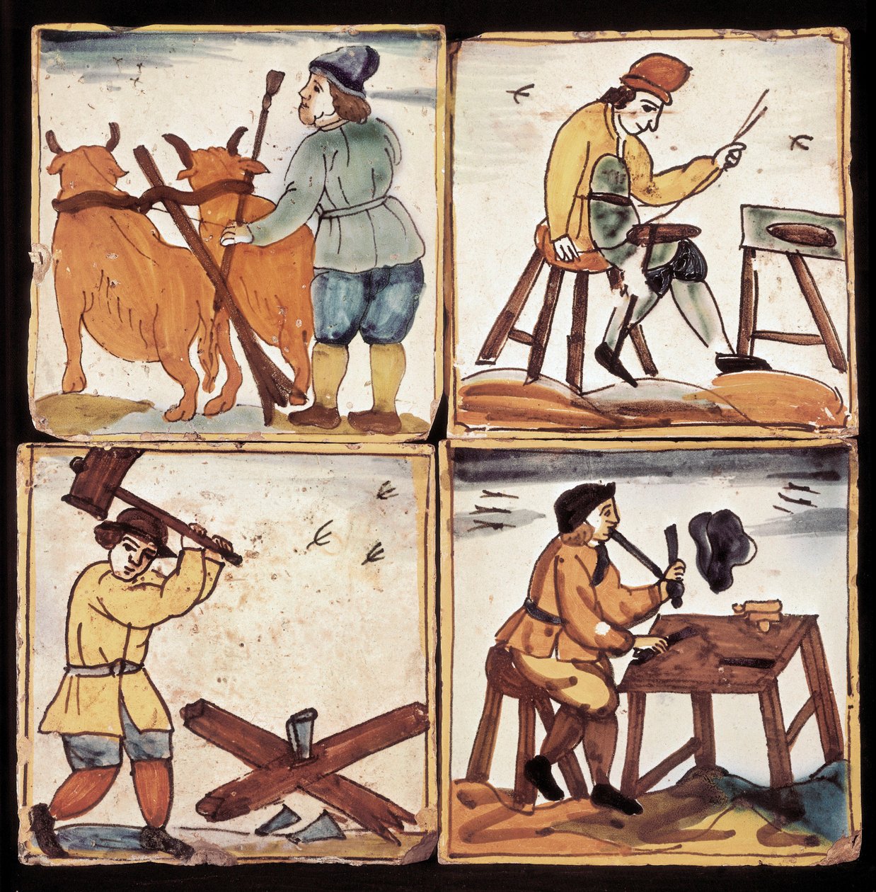 Panel Azulejos: representación de oficios, labranza campesina, ahorrador, cortador de troncos y un pipero (cerámica) de Dutch School