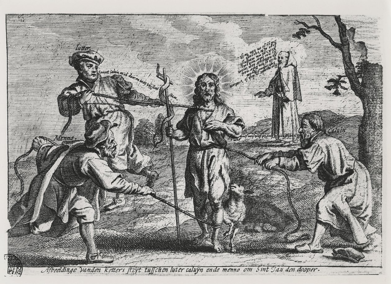 Caricatura de Lutero, Calvino y Menno Simons disputando a Cristo y su enseñanza de Dutch School