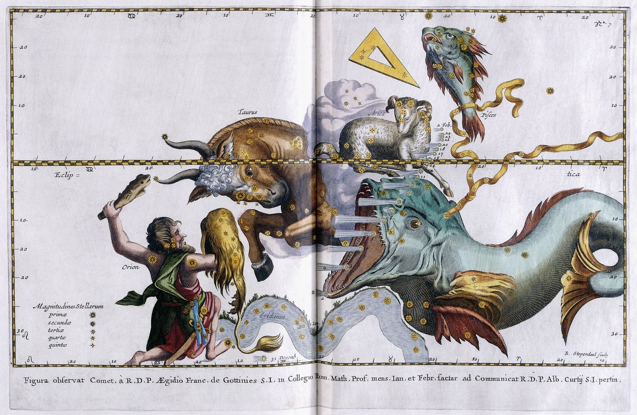 Mapa celestial de las constelaciones: Orión, Tauro, Aries y Piscis, 1666-1668 de Dutch School