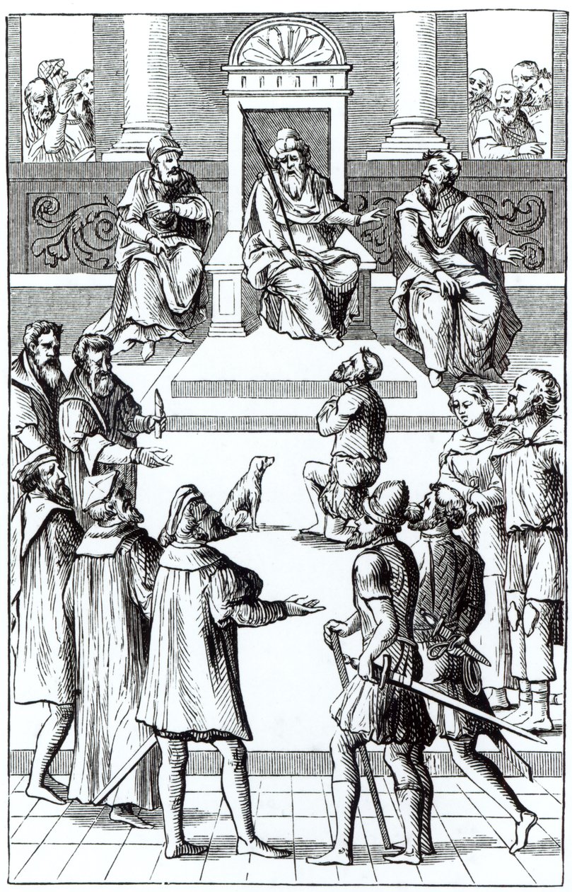 Confesión para enmiendas ante el tribunal, después de un grabado en Praxis Rerum Criminalium de Joos de Damhouder (1507-81) publicado en Amberes, 1556 de Dutch School