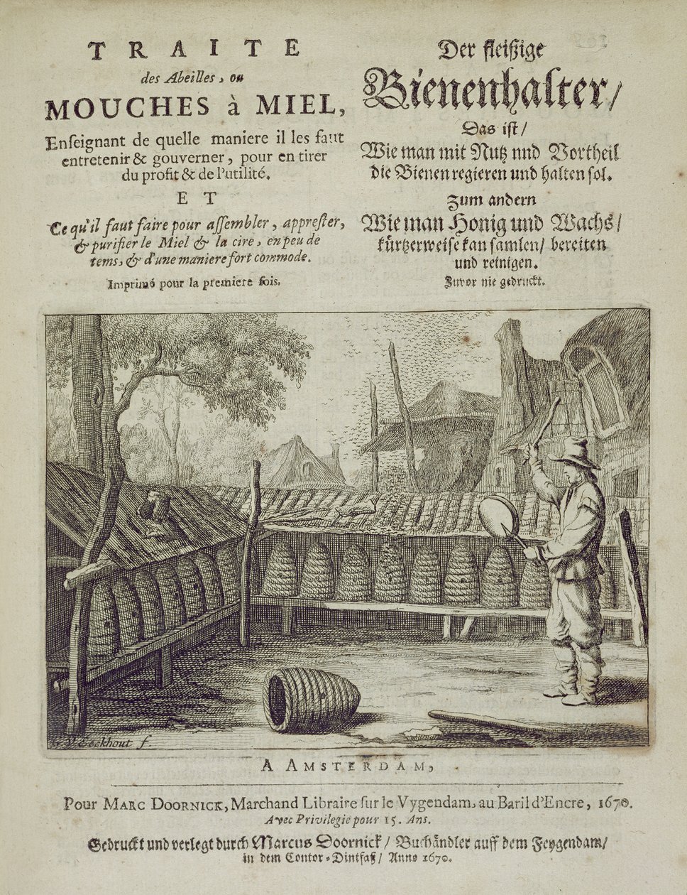 Portada de Traite des Abeilles, ou Mouches a Miel... impreso en francés y alemán, grabado por G.V.Eckhout, Ámsterdam 1670 de Dutch School