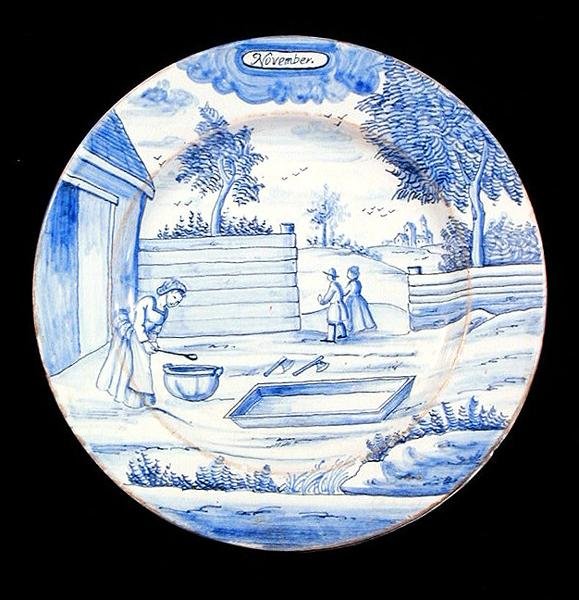 Plato de Delft que representa el mes de noviembre (loza esmaltada en estaño) de Dutch School