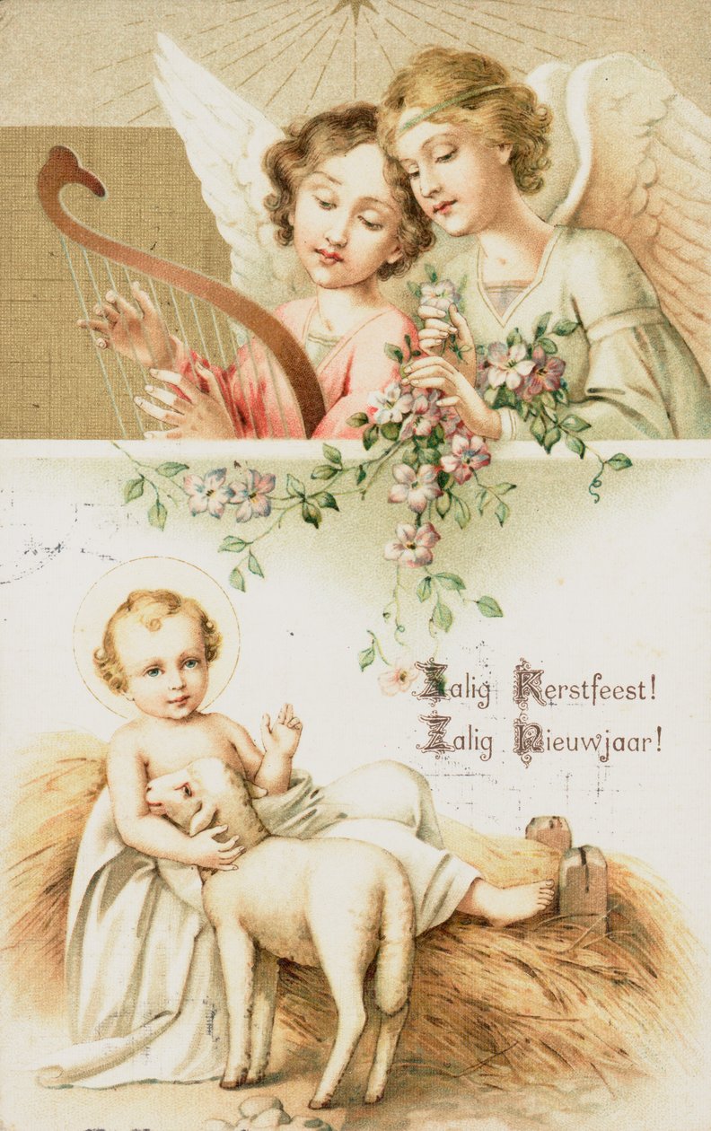 Tarjeta de Navidad holandesa (litografía en color) de Dutch School