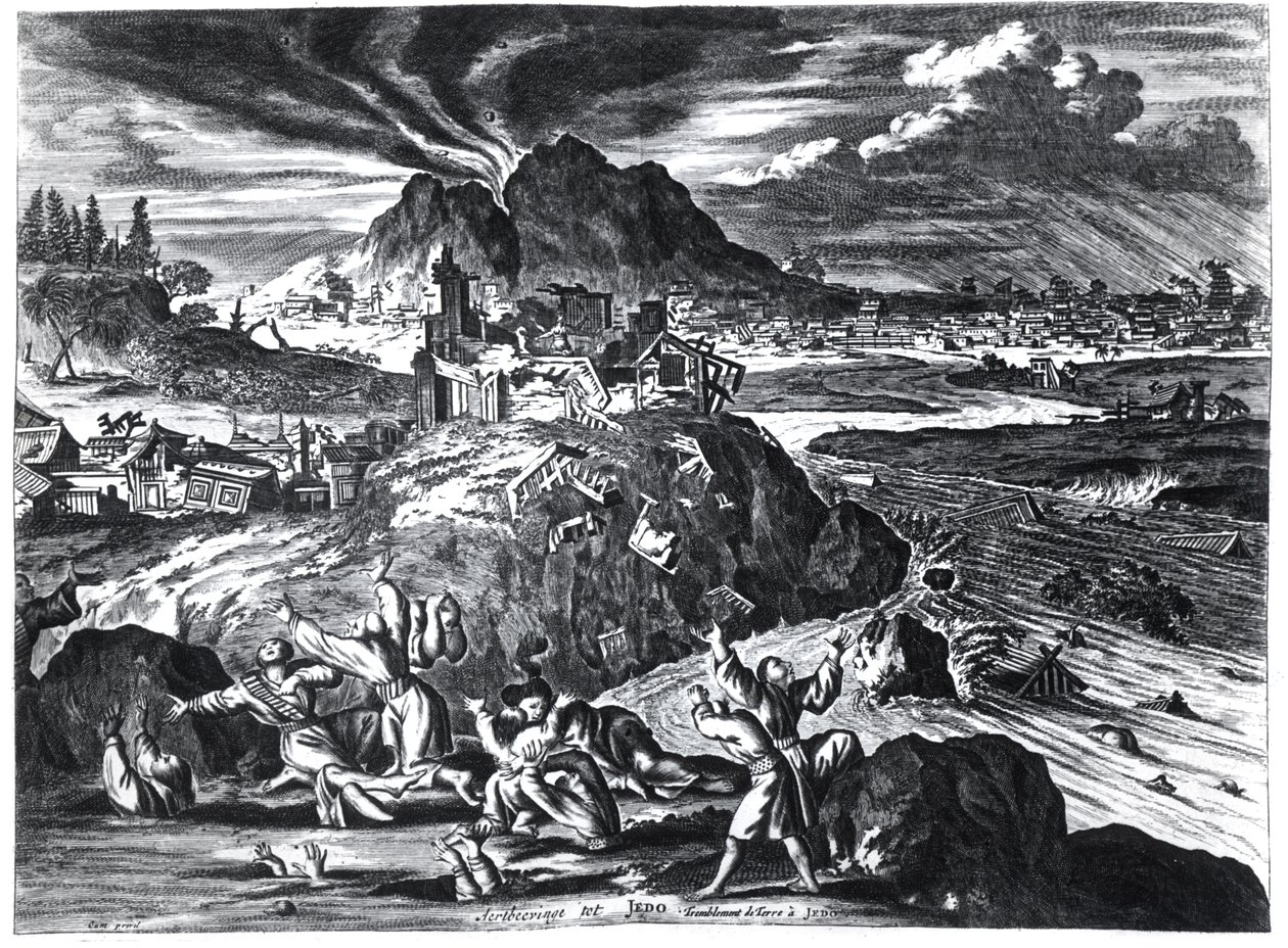 Terremoto en Edo (Tokio) en 1659, ilustración del relato de Arnold Montanus sobre las embajadas enviadas por la Compañía Holandesa de las Indias Orientales al Emperador de Japón, publicado en Ámsterdam en 1669 de Dutch School
