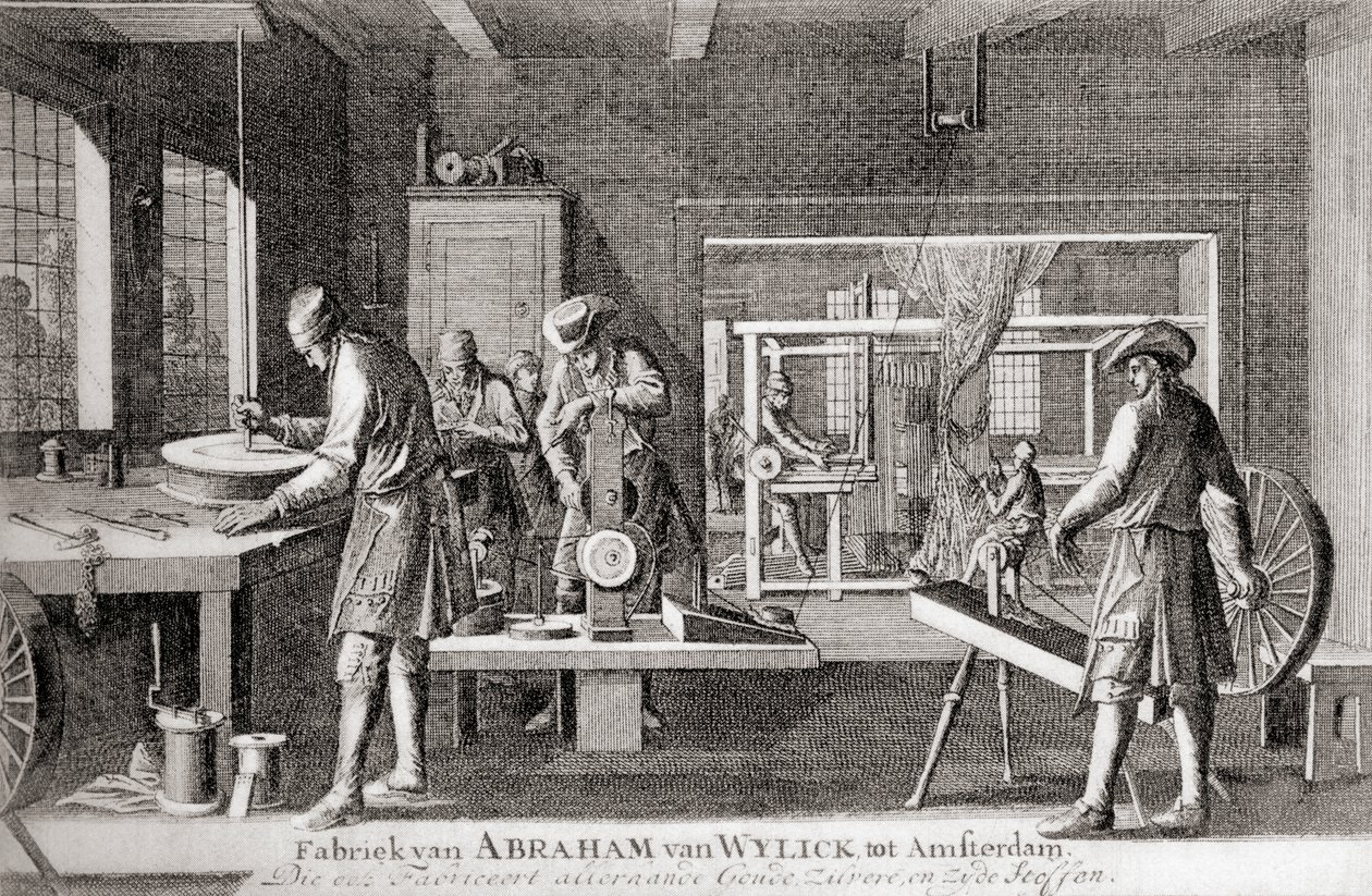 Fábrica de Abraham van Wylick, Industria de la seda de Amsterdam, de "Geschiedenis van Nederland", publ. 1936 (litografía) de Dutch School