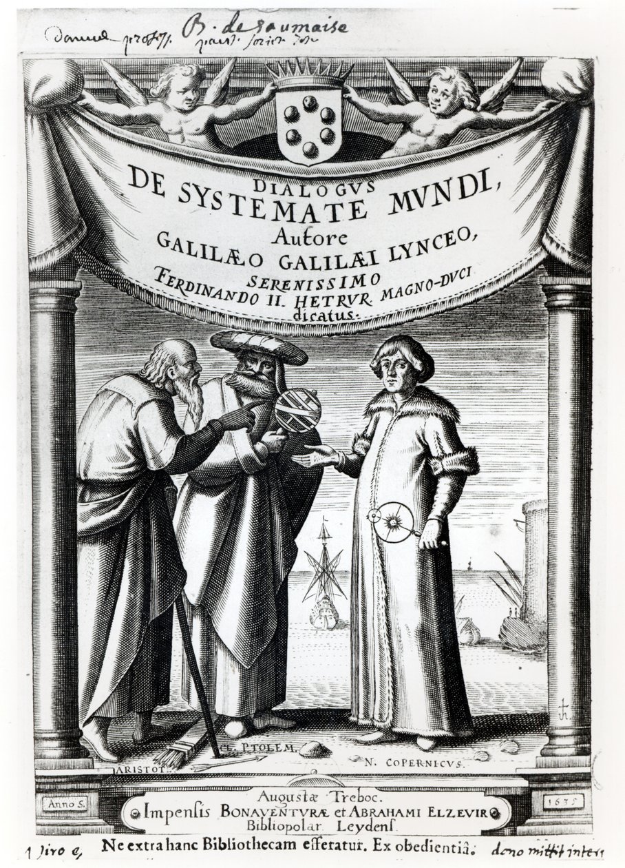 Frontispicio de Dialogus De Systemate Mundi por Galileo (1564-1642), publicado en Leiden 1635 de Dutch School