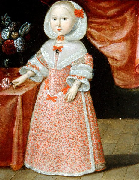 Niña sosteniendo una flor rosa y blanca de Dutch School