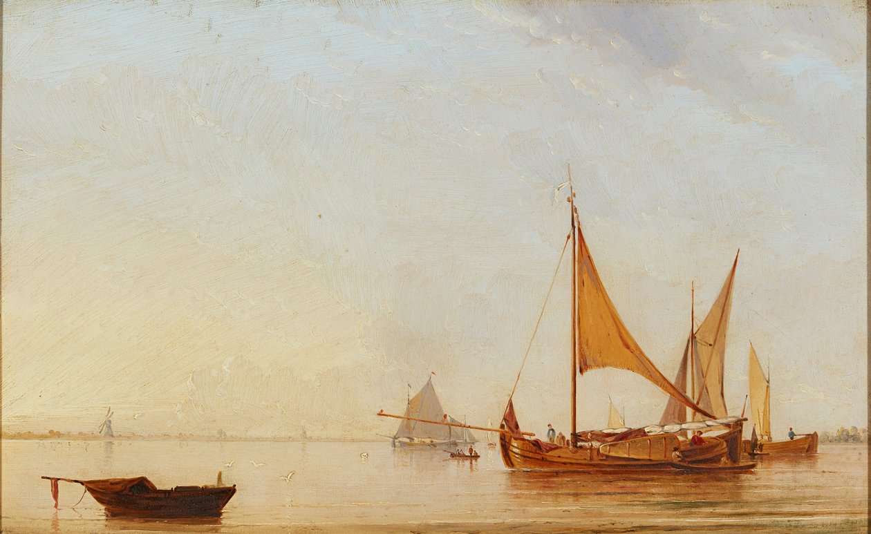 Barcos en el puerto al amanecer de Dutch School