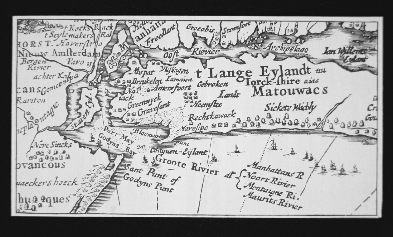 Historia de la ciudad de Nueva York: mapa holandés que muestra la reconquista de Manhattan de Dutch School