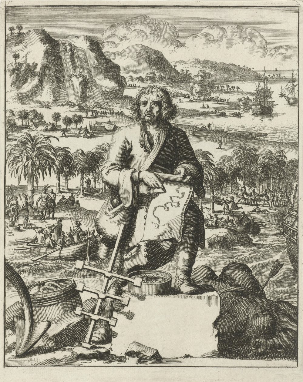 Louis Hennepin desembarcando en Norteamérica, pub. 1688 (grabado) de Dutch School