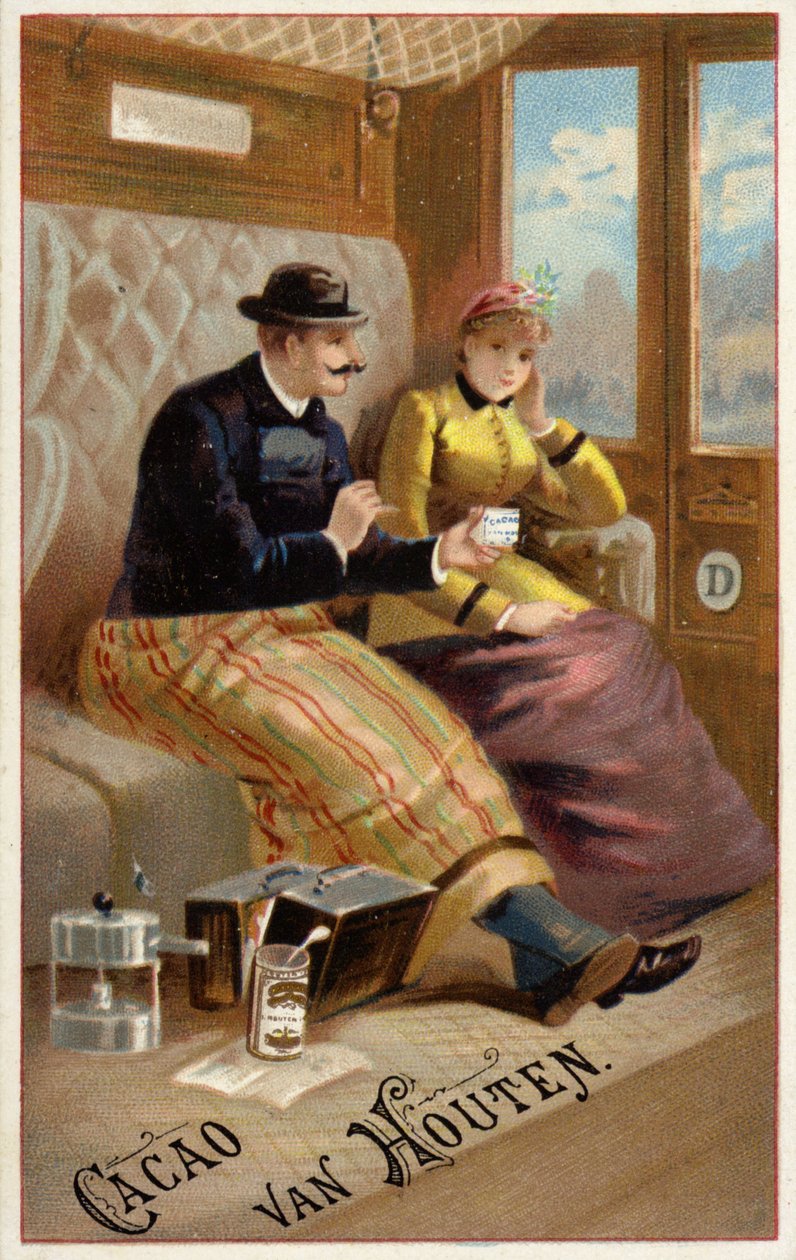 Hombre ofreciendo chocolate a mujer en tren (cromolito) de Dutch School
