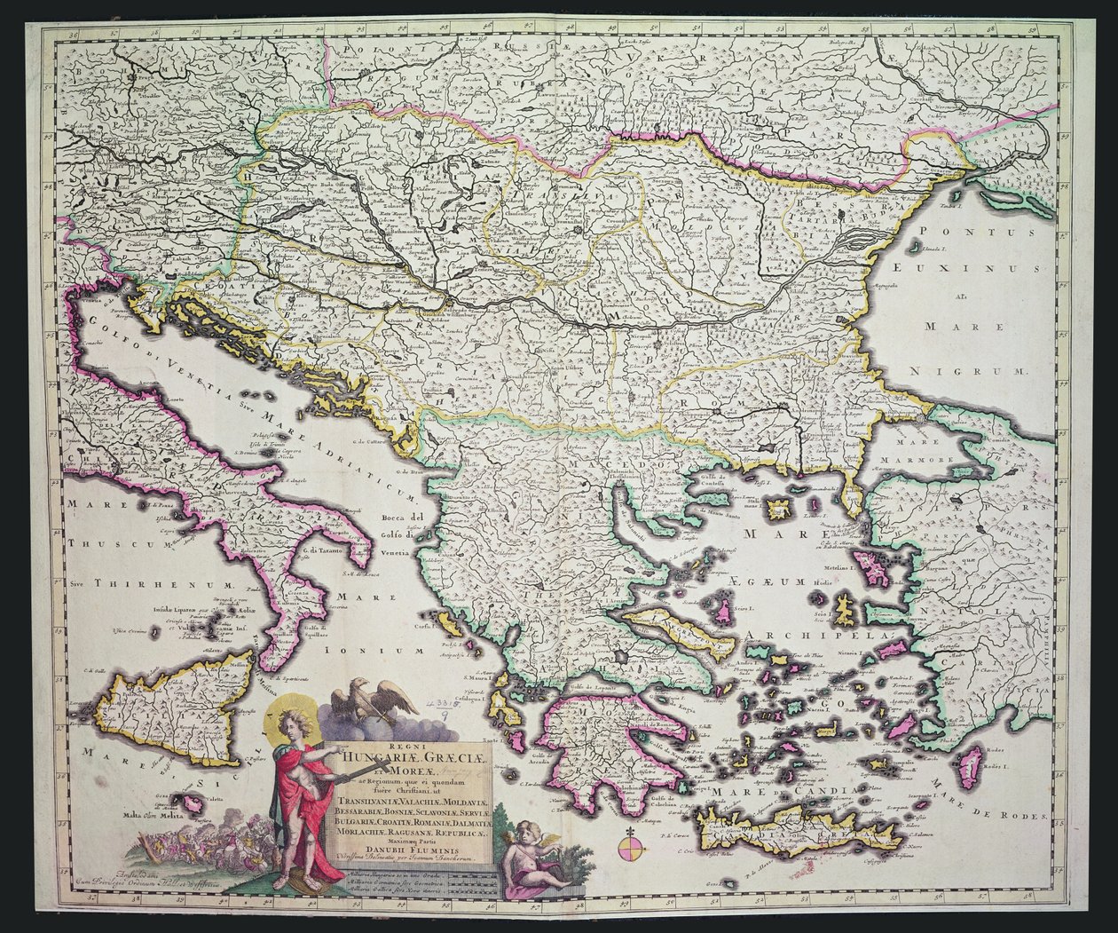 Mapa de Grecia, Hungría y sus países circundantes (grabado a mano) de Dutch School