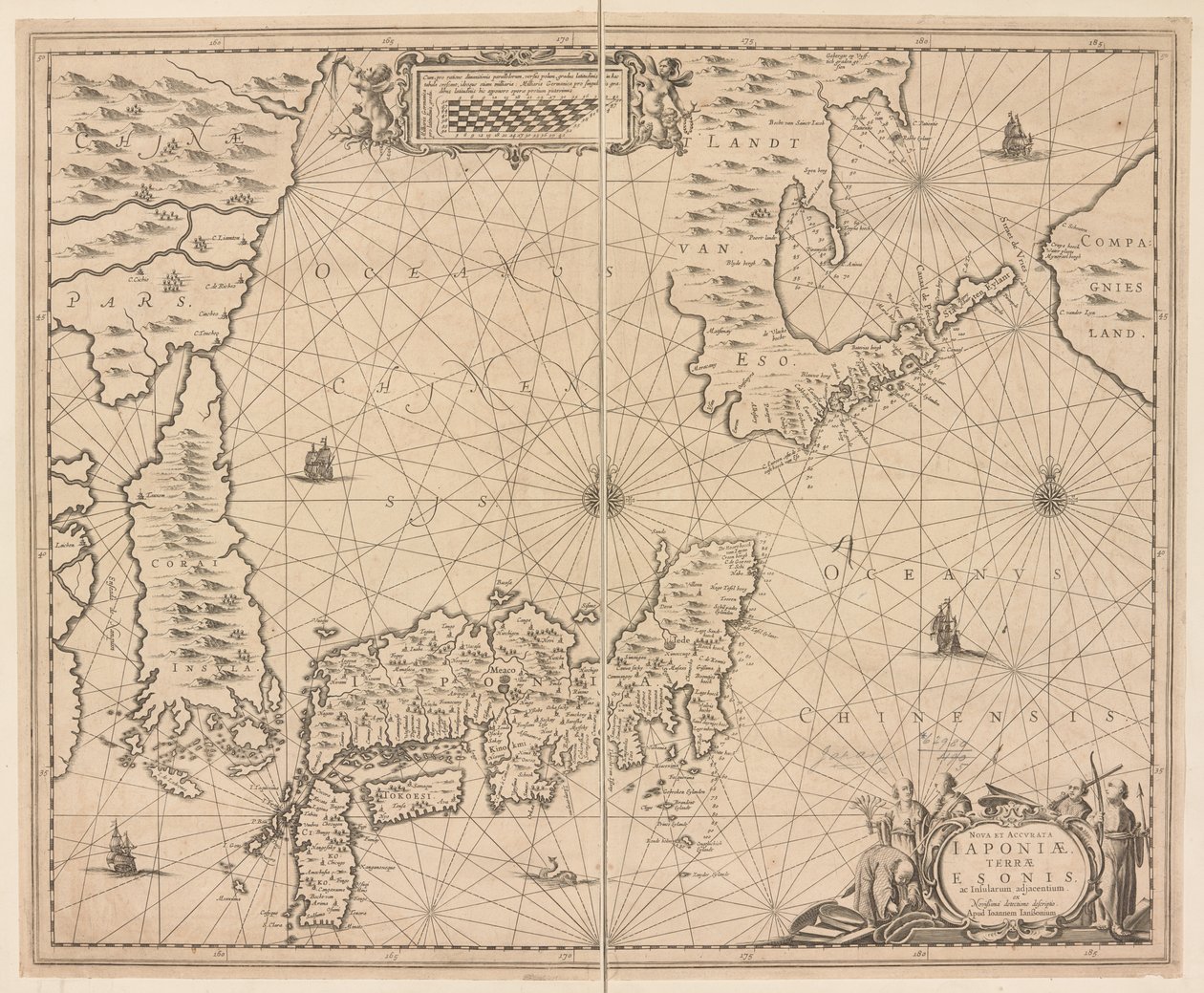 Mapa de Japón, una descripción nueva y precisa de Japón, la tierra de Eson y las islas adyacentes de Snowy Discovery de Dutch School